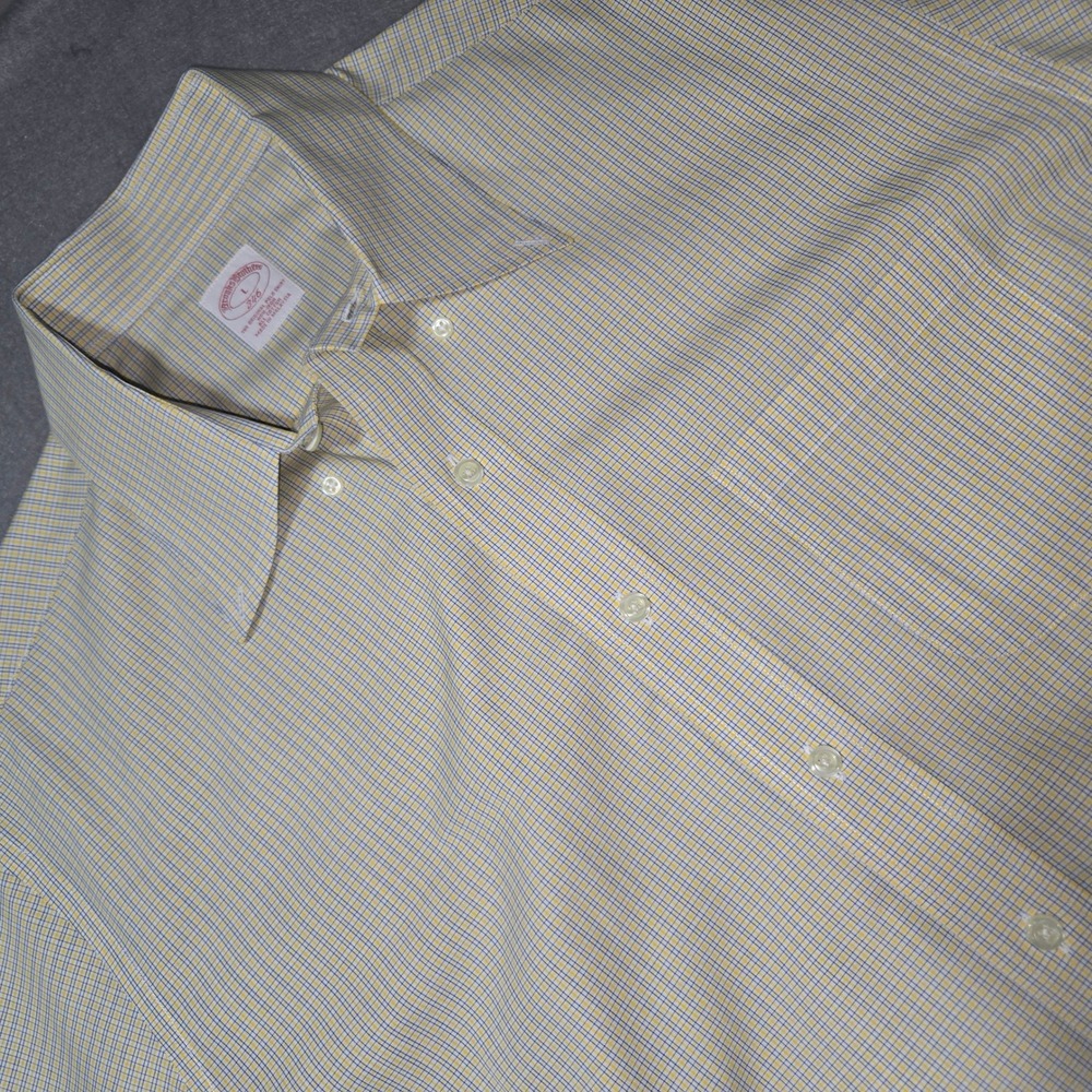 Brooks Brothers 346 Mens Large Yellow Blue Check Short Sleeve‎ Shirt Non Iron